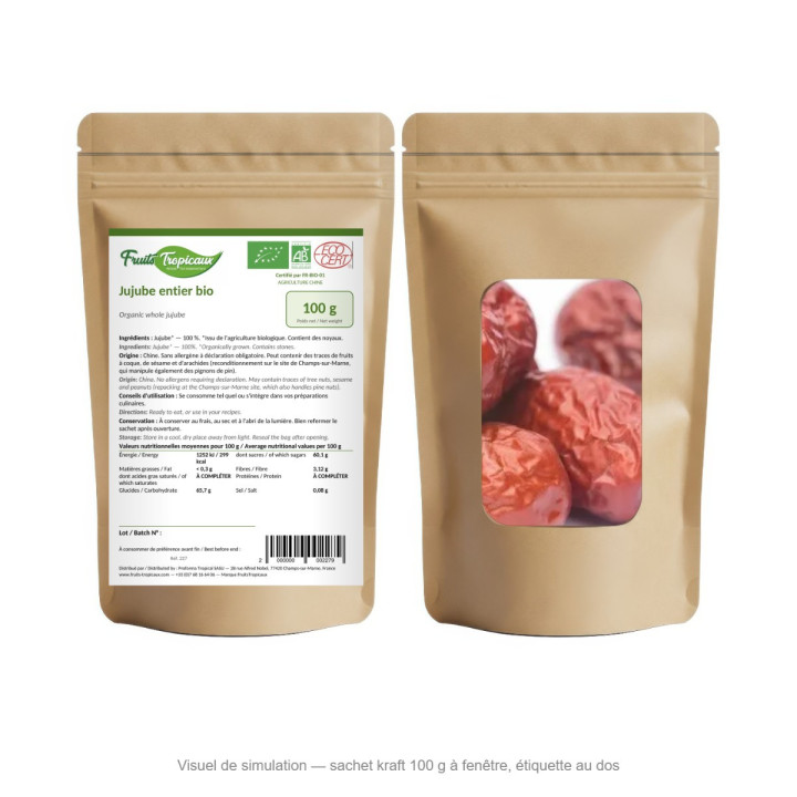 Sachet kraft 100 g FruitsTropicaux - jujube entier bio