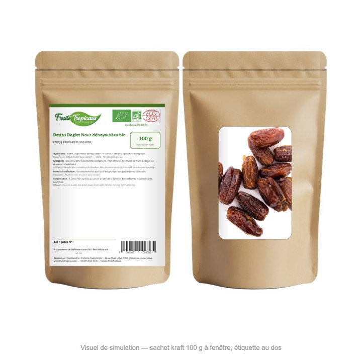 Dattes Deglet Nour dénoyautées bio - sachet kraft 100 g
