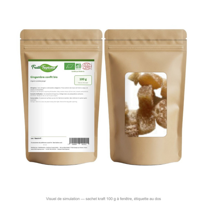 Gingembre confit bio - sachet kraft 100 g