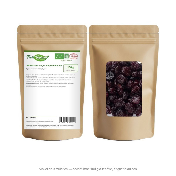 Cranberries au jus de pomme bio - sachet kraft 100 g